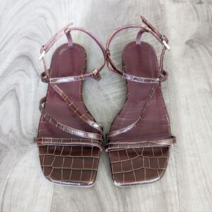 STAUD Gitane Croc-Embossed Leather Sandals Brown